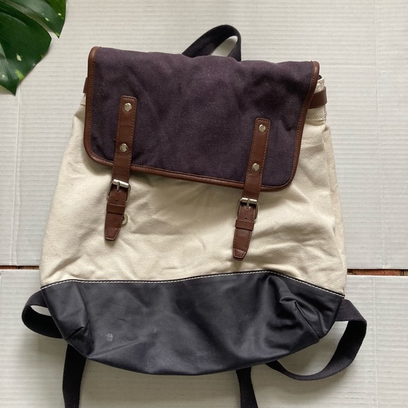 Leather Backpack Tote Cream And Navy 